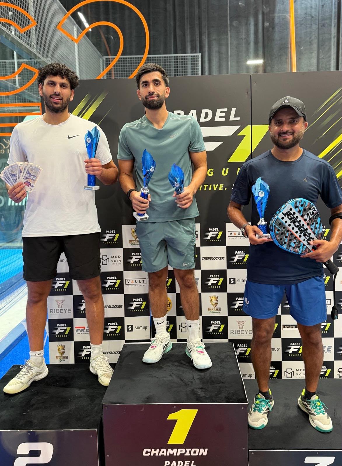 Men's Mega Open podium at Carbon Padel